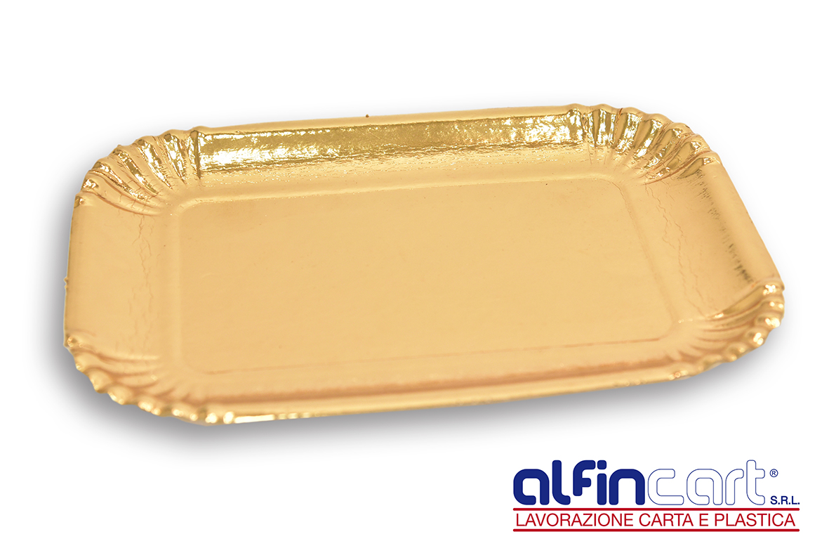 Vassoi di cartone oro usa e getta ideali per confezionare dolci, pasta fresca, torte e pasticcini.